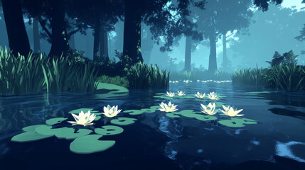 Swamp or lake with water lilies in forest. Nature landscape with marsh in deep wood. Computer game background, fantasy mystic scenery view with wild pond covered with ooze, Cartoon vector illustration