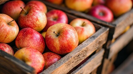 close-up of red apples in a wooden crate