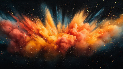 Exploding powder explosion, colorful background. Vibrant color explosion with orange and red powder...
