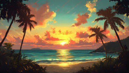 Tropical Sunset Beach Paradise Scene