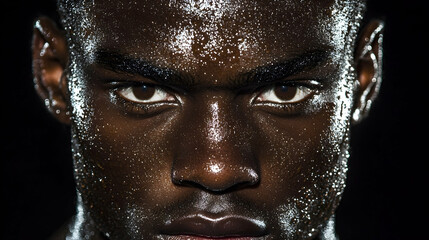 Intense athlete portrait, dark background, sweat, determination