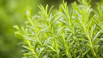 Fototapeta premium Rosemary Close Up: A vibrant close-up of rosemary sprigs, showcasing the plant's aromatic needles in a soft, green hue. The lush foliage evokes a sense of freshness and natural beauty. 