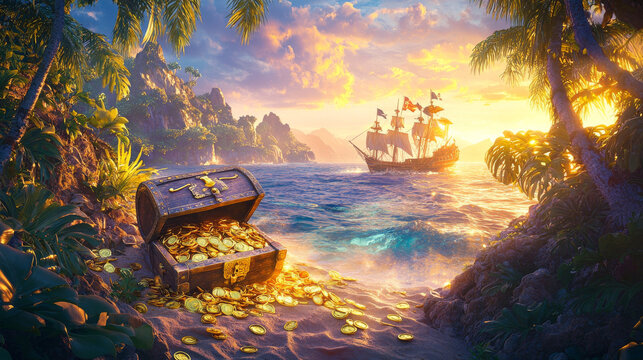 Pirates party kids adventure cartoon posters with treasure chest with gold on secret island, filibuster ship with jolly roger flag and cannon, invitation to children event, vector vertical flyers set