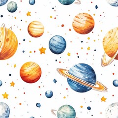 Watercolor solar system illustration with planets and stars
