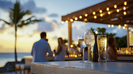 beautiful sunset at beach bar with drinks on table, creating relaxed atmosphere