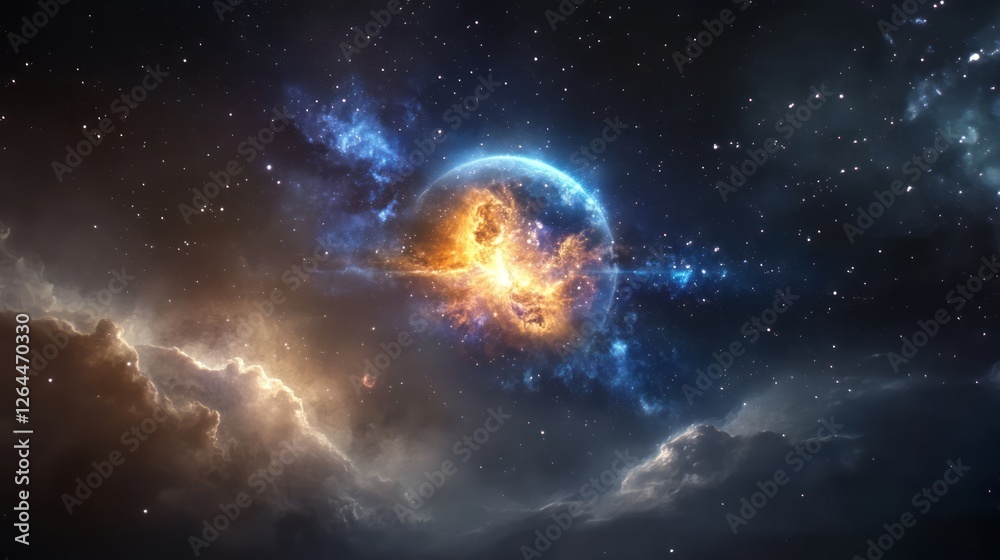 Wall mural a planet exploding in space, surrounded by nebula clouds. the explosion is glowing with blue and ora