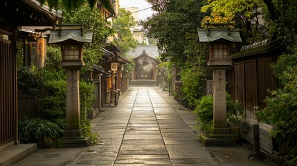 Fototapeta premium Serene Pathway Through a Quiet Temple Street Surrounded by Nature