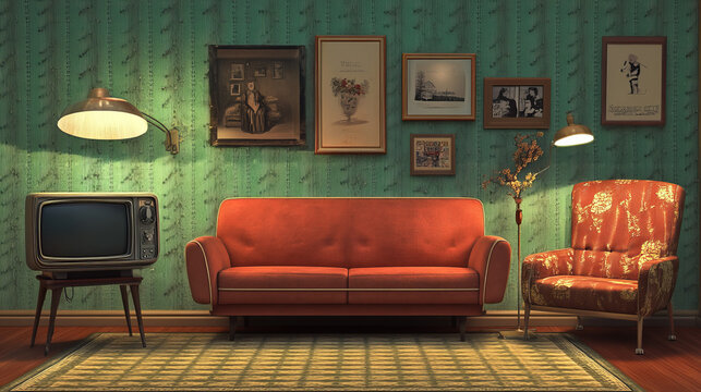 Vintage interior of living room with couch, armchair, clock and tv on stand. Vector cartoon illustration of retro lounge with television screen, carpet, lamp and picture frames on green wall