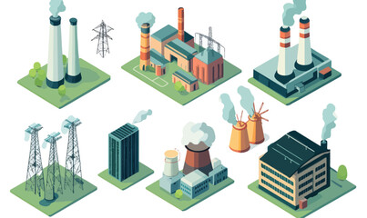 Isometric Industrial Energy Buildings: Power Plants, Nuclear, Hydro, Green Tech Vector