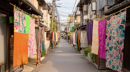 Fototapeta premium Hidden Passage Behind Row of Colorful Fabrics in a Traditional Setting