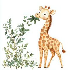 Obraz premium Charming Watercolor Illustration of a Curious Baby Giraffe Eating Leaves