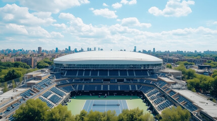 Arthur Ashe Stadium Aerial View: A stunning aerial shot captures Arthur Ashe Stadium, its retractable roof gleaming under a vibrant blue sky.