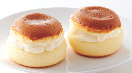 Delicate Cream Buns Delight Two Sponge Cakes on White Plate Studio Shot Yummy Dessert Sweet Treat