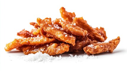 An artistic image of a pile of freshly fried  with a sprinkle of sea salt, set against a pure white background, highlighting the texture and color.