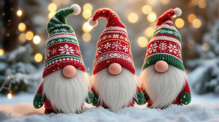 Three Christmas gnomes with red and green knitted hats stand on snowy ground, surrounded by glowing holiday lights, creating a festive atmosphere.