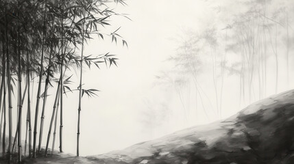 A fine art ink painting depicting a peaceful bamboo grove on a gentle hillside, shrouded in morning mist