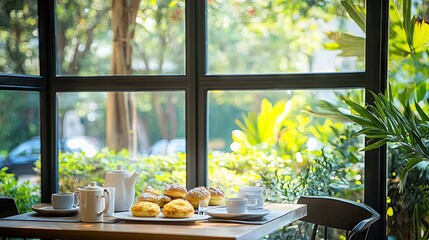 Bright caf window showcasing morning pastries