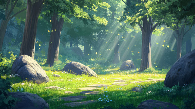 Cartoon forest background, nature landscape with deciduous trees, moss on rocks, grass, bushes and sunlight spots on ground. Scenery summer or spring wood parallax natural scene, Vector illustration