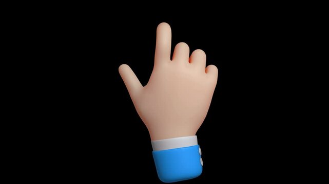 Seamless 4K loop of clicking hand gesture in blue sleeve. 3D emoji cartoon animation render with alpha transparent background.