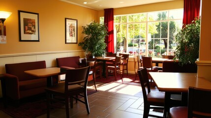 Fototapeta premium Caf with a relaxing atmosphere, featuring comfortable lounge seating and spacious tables