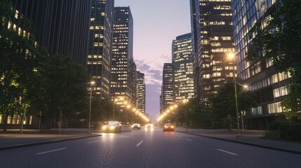 Obraz premium Twilight Scene of Wide Urban Avenue with City Buildings and Lights