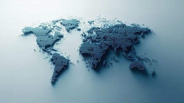 A blue pixelated world map is depicted on a white background with light gradient effects, representing a modern business and technology concept. 3D Rendering. - Powered by Adobe