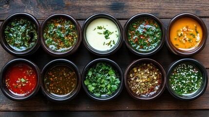 Assorted delicious dips in small bowls, perfect for food blogs, restaurant menus, or culinary websites. Showcases variety of sauces, enhancing food photography.