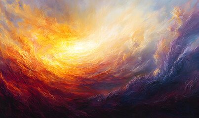 Obraz premium Abstract fiery sunset painting, vibrant colors, swirling clouds, dynamic energy, spiritual, powerful, heavenly.
