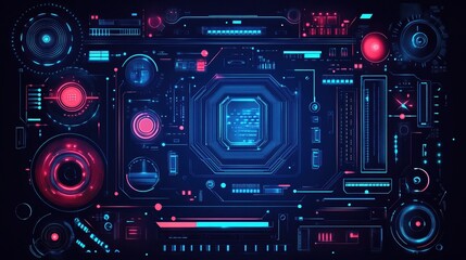 Fototapeta premium Futuristic vector illustration of a blue circuit board with intricate digital tech elements. Computer motherboard with a chip, processor, and semiconductor. Digital vector illustration