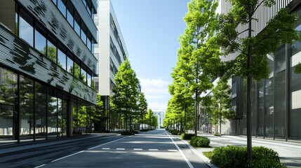 Fototapeta premium Contemporary City Block at Midday with Green Trees and Blue Sky