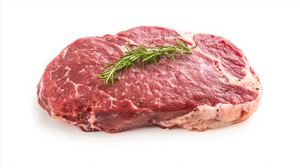 Obraz premium Prime Ribeye Steak: A succulent, marbled ribeye steak, ready for grilling or pan-searing, is adorned with a sprig of fresh rosemary. 