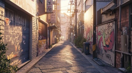 Fototapeta premium Shadowed Alleyway Near Warehouse with Vibrant Graffiti Art