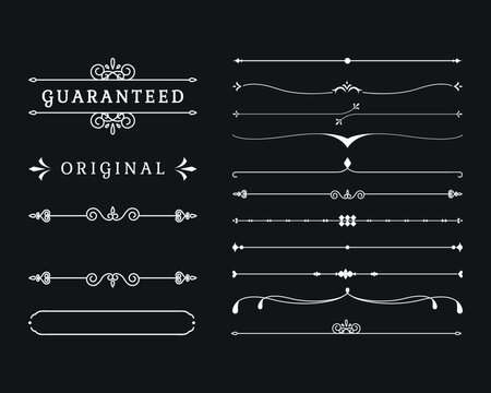 Gold text dividers doodle set. Wedding decorative elements. Divider ornament, borders, floral, vintage line separators. Hand drawn vector illustration isolated on white background.Set page dividers.  