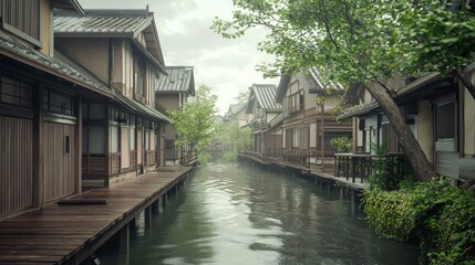 Obraz premium Tranquil Riverside Pathway between Traditional Houses on a Rainy Day