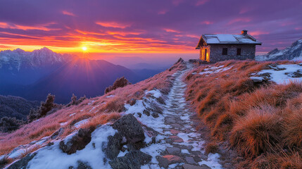 Snow-capped peaks under a vivid purple and orange sunset, with a winding trail leading upwards