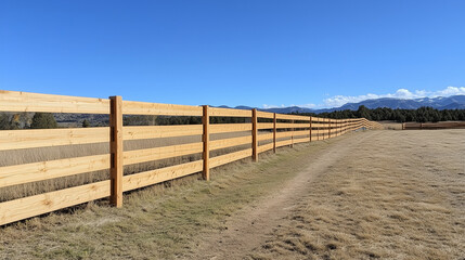 Obraz premium Wooden Fence in a Rural Landscape: A rustic wooden fence stretches across a golden field under a vibrant blue sky, mountains in the distance. The scene evokes a sense of tranquility and open space.