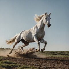 Fototapeta premium A white horse mid-gallop with its hooves lifted off the ground against a blank background.