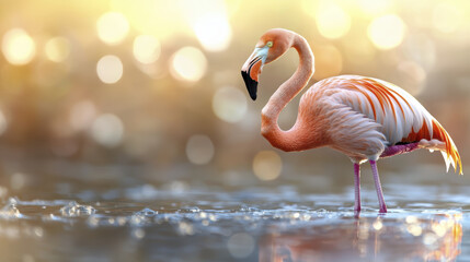 graceful flamingo stands in shallow water, showcasing its vibrant pink feathers against soft, glowing background
