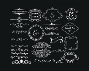 Design elements gold set, decorative flourish border corner and frame collection for invitation, menu and page decoration. Floral ornament, decorative vector frames and borders.