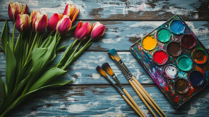 Fototapeta premium International Women’s Day artistic celebration with a vibrant arrangement of colorful tulips, a painter’s palette, and brushes on a wooden table, symbolizing creativity and expression