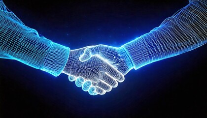 Two hands shaking, with glowing data connections between them