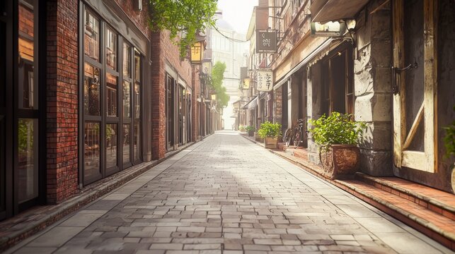 Vintage Brick Paved Laneway with Lamp in a Quaint Urban Setting