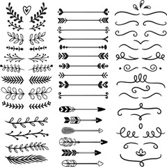 Gold text dividers doodle set. Wedding decorative elements. Divider ornament, borders, floral, vintage line separators. Hand drawn vector illustration isolated on white background. Set page dividers.