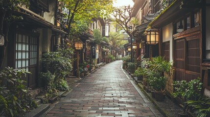 Vintage Brick Paved Laneway Surrounded by Trees and Lanterns