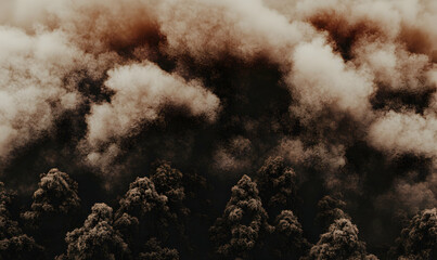 Fototapeta premium Dark sepia-toned image of a forest under a dramatic, ominous cloud of smoke or dust. Ideal for apocalyptic, environmental, or fantasy themes.