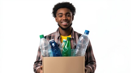Smiling young man carrying a box of plastic bottles for recycling  
