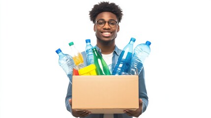 Smiling young man carrying box of plastic bottles for recycling  
