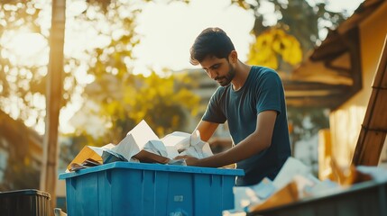 Young man sorting recyclable paper in outdoor bin  
