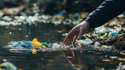 Hand reaching into polluted water with floating plastic  
