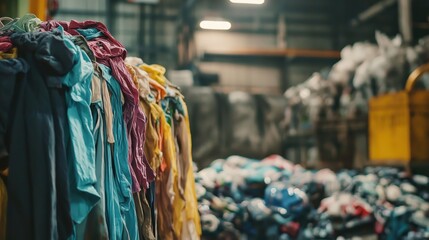 Textile recycling facility with piles of discarded clothes  

